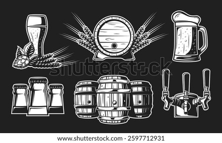 Beer icon set isolated on black background. Brewery logo design. Beer elements from labels: tap, wheat, bottle, glass, mug, barrel. Vector illustration