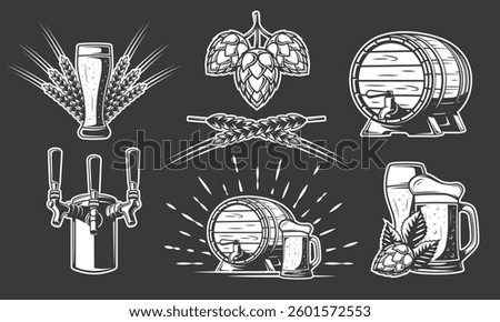 Beer icon set isolated on black background. Brewery logo design. Beer elements from labels: tap, wheat, glass, mug, barrel. Vector illustration