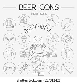 Beer icon set. Logos and badges template. Linear style. Octoberfest. Vector illustration