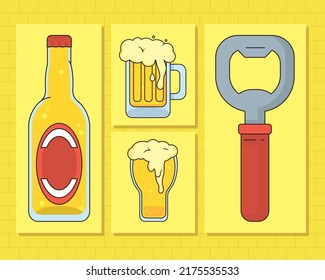 beer icon set on yellow background