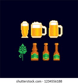 Beer icon set. Pixel art. Old school computer graphic. Element design stickers, logo, mobile app, menu. 8 bit video game. Game assets 8-bit sprite. 16-bit.