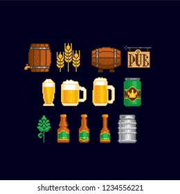 Beer icon set. Pixel art. Old school computer graphic. Element design stickers, logo, mobile app, menu. 8 bit video game. Game assets 8-bit sprite. 16-bit.