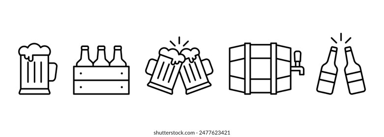 Beer icon vector set. Outline beer bottle, keg, mug symbol