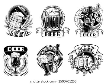 Beer icons or badges, set vector illustrations. Beer labels with bottles and mugs with foaming alcohol drink, wooden barrel, wheat ears and hop cones isolated on white background