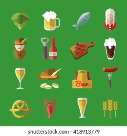 Beer icons flat set looks like Irish pub with snacks and drinks from the bar Irish bartender and waitress vector illustration