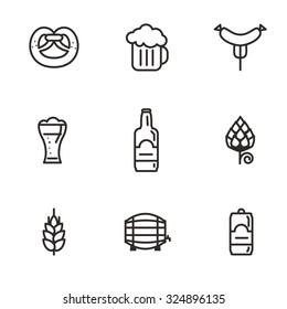 Beer icons (hop branch, wooden barrel, glass of beer, beer can, bottle cap, beer mug, barley). Oktoberfest background.