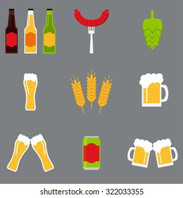 Beer icons isolated on background. Beer glass, mug, bottle, can, malt, hop, sausage, clatter of glasses, clatter of mugs. Flat style vector illustration. 