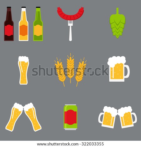 Beer icons isolated on background. Beer glass, mug, bottle, can, malt, hop, sausage, clatter of glasses, clatter of mugs. Flat style vector illustration. 