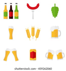 Beer icons isolated on white background. Beer glass, mug, bottle, can, malt, hop, sausage, clatter of glasses, clatter of mugs. Flat style vector illustration. 