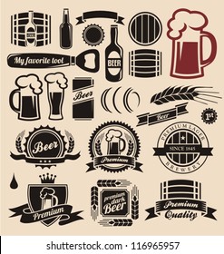 Beer icons, labels, signs, symbols and design elements vector set