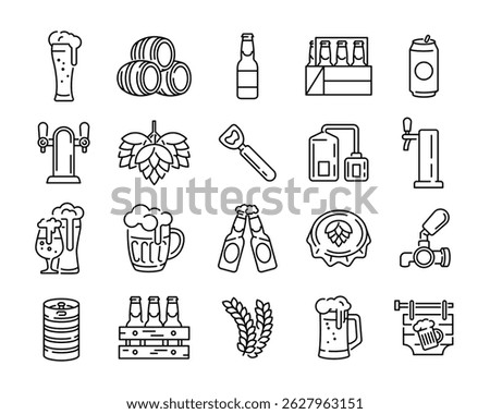 Beer icons. Large set of beer trendy minimal icons. Mug, Barrel, Bottle, Hops, Can, Opener, Tap icons. Design signs for web page, mobile app, packaging design. Vector illustration.
