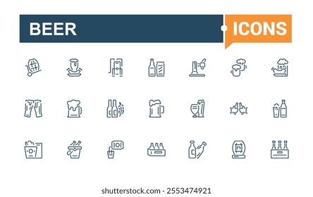 Beer icons in linear style. Featuring cup, symbol, supplements, icons, shot glass. Outline icon collections. Vector icons editable stroke.