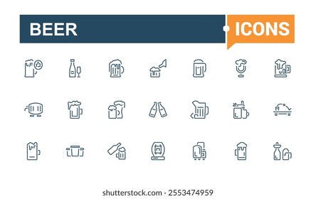 Beer icons in linear style. Featuring cup, symbol, supplements, icons, shot glass. Outline icon collections. Vector icons editable stroke.