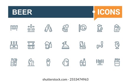 Beer icons in linear style. Featuring cup, symbol, supplements, icons, shot glass. Outline icon collections. Vector icons editable stroke.