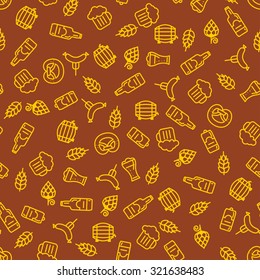 Beer icons seamless pattern (hop branch, wooden barrel, glass of beer, beer can, bottle cap, beer mug, barley). Oktoberfest background.