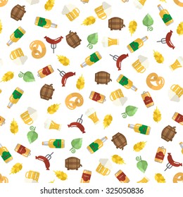 Beer icons seamless pattern (hop branch, wooden barrel, glass of beer, beer can, bottle cap, beer mug, barley). Oktoberfest background.