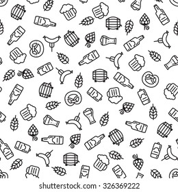 Beer icons seamless pattern (hop branch, wooden barrel, glass of beer, beer can, bottle cap, beer mug, barley). Oktoberfest background.