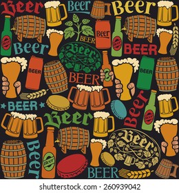 beer icons seamless pattern (hops leaf, wooden barrel, glass, can, mug, bottles)