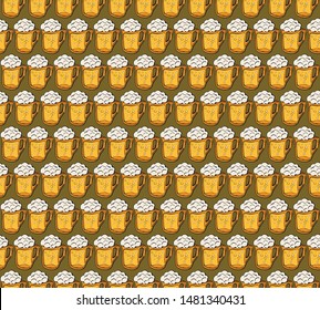 Beer icons seamless vector pattern. Oktoberfest background. Mug craft beer design icons hand-drawing elements. Graphic texture for restaurant template. Alcoholic drink decorative pattern.