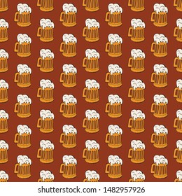 Beer icons seamless vector pattern. Oktoberfest background. Mug craft beer design icons hand-drawing elements. Graphic texture for restaurant template. Alcoholic drink decorative pattern.