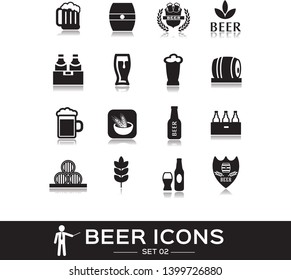 Beer icons set 2, black solid style. Icon of alcohol, bottle beer, glass, mug, beverage. Signs and symbols for pub, restaurant,  beer festival. Vector collection.