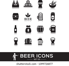 Beer icons set 3, black solid style. Icon of alcohol, bottle beer, glass, mug, beverage. Signs and symbols for pub, restaurant,  beer festival. Vector collection.