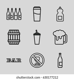 Beer icons set. set of 9 beer outline icons such as bottle, barrel, drink, bar, cleanser, no alcohol
