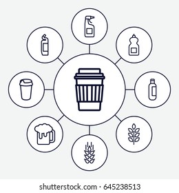 Beer icons set. set of 9 beer outline icons such as wheat, bottle, cleanser, drink