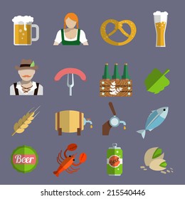 Beer icons set with barrel glass and fork with sausage isolated vector illustration