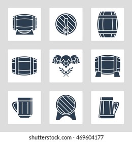 Beer icons set with barrels glasses hop and wheat. Vector illustration