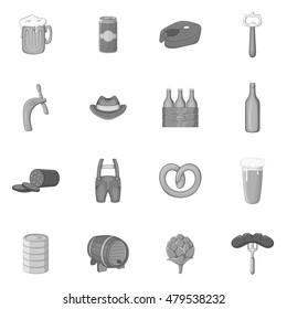 Beer icons set in black monochrome style. Oktoberfest elements set collection vector illustration