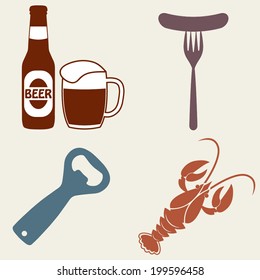 Beer icons set. Beer bottle, mug, opener, crawfish. Vector symbols and design elements for restaurant, pub or cafe. 