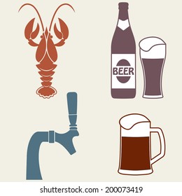 Beer icons set. Beer bottle, mug, tap, crawfish. Vector symbols and design elements for restaurant, pub or cafe. 