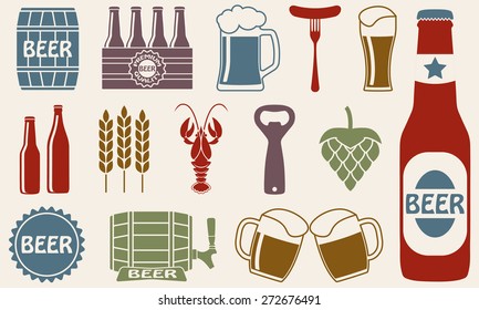 Beer icons set: bottle, opener, glass, tap, barrel. Symbols and design elements for restaurant, pub or cafe. Colorful vector illustration.