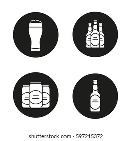 Beer icons set. Beer bottles, full foamy glass and cans. Vector white silhouettes illustrations in black circles