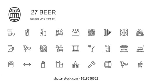 beer icons set. Collection of beer with barrel, bottle opener, bar, bottle, bars, soft drink, cocktail, german, russian banya, cocktails, drink. Editable and scalable beer icons.