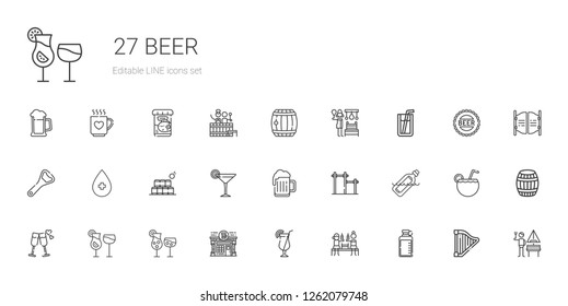 beer icons set. Collection of beer with bottle, cocktail, pub, cocktails, cheers, bar, bottles, alcohol, bottle opener, soda, russian banya. Editable and scalable beer icons.