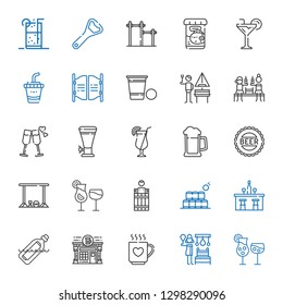 beer icons set. Collection of beer with cocktails, russian banya, drink, pub, bottle, bar, bottles, barrel, bottle cap, cocktail, cheers, german. Editable and scalable beer icons.