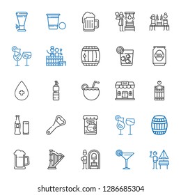 beer icons set. Collection of beer with german, cocktail, russian banya, harp, barrel, cocktails, fish food, bottle opener, beverage, bar, bottle. Editable and scalable beer icons.