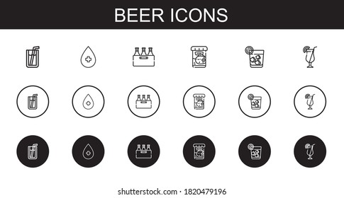 beer icons set. Collection of beer with soda, alcohol, fish food, vodka, cocktail. Editable and scalable beer icons.