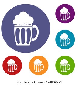 Beer icons set in flat circle reb, blue and green color for web