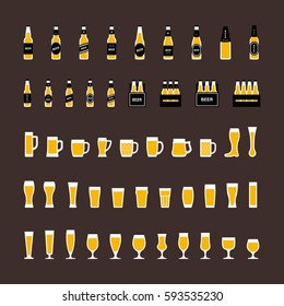 Beer icons set in flat style, bottles and glasses . Vector