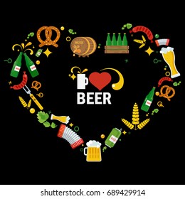 Beer icons set in form of heart. Beer feast, bar menu, restaurant menu. Flat vector cartoon illustration. Objects isolated on a white background.