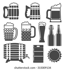 beer icons set (glass, mug, wooden, barrel, bottle cap, bottles, keg). template. Vector illustration. 