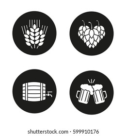 Beer icons set. Hop cones, wheat ears, toasting beer glasses, alcohol wooden barrel. Vector white silhouettes illustrations in black circles