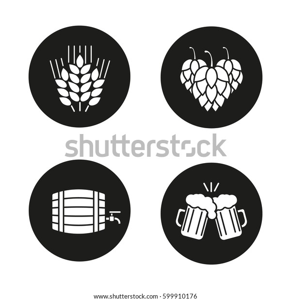 ビールのアイコンセット ホップコーン 小麦の耳 ビール グラスのトースト アルコール製の樽 黒い円の中のベクター白のシルエットイラスト のベクター画像素材 ロイヤリティフリー