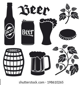 beer icons set (hops leaf, wooden barrel, glass, can, bottle cap, mug, bottle)