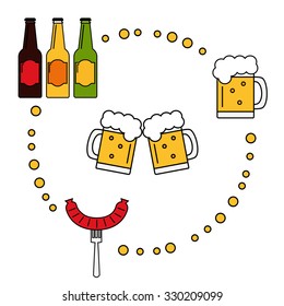 Beer. Beer icons set. Isolated beer elements on background. Beer mug, beer bottle and sausage. Flat line style vector illustration.  