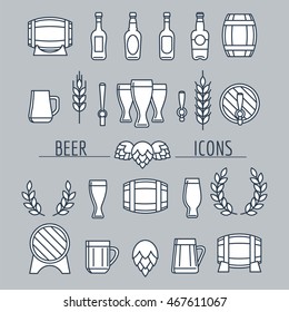 Beer icons set isolated on grey. Barrels bottles hop wheat vector icons