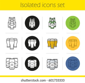Beer icons set. Linear, black and color styles. Beer bottles, full foamy glasses and cans. Isolated vector illustrations